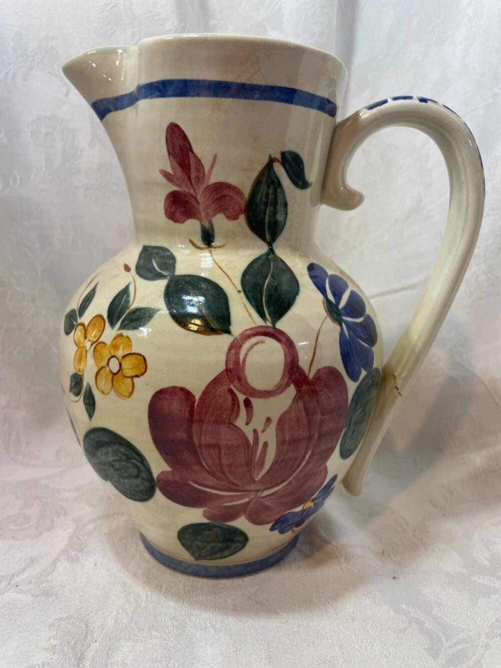 Vintage Handpainted Floral Ceramic Pitcher With Handle *DAMAGED*READ*